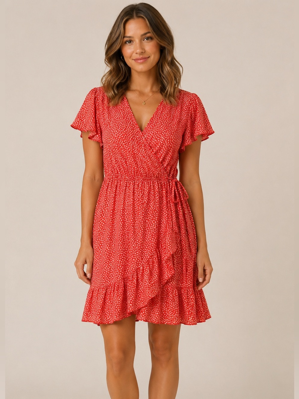 ALL IN FAVOR Cross Over Tie Front Ruffle Midi Patterned Dress Orange Medium